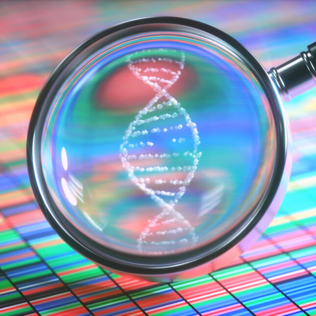 Magnifying glass showing a DNA strand. -- coverage from sTAT