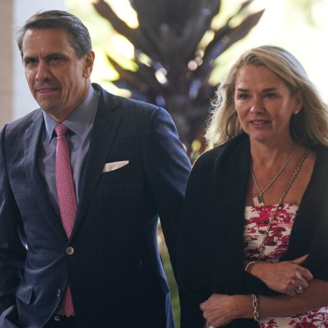 Deputy Attorney General Todd Blanche and his wife Kristine arrive at The Mar-a-Lago Club, Sunday, Feb. 1, 2026, in Palm Beach, Fla