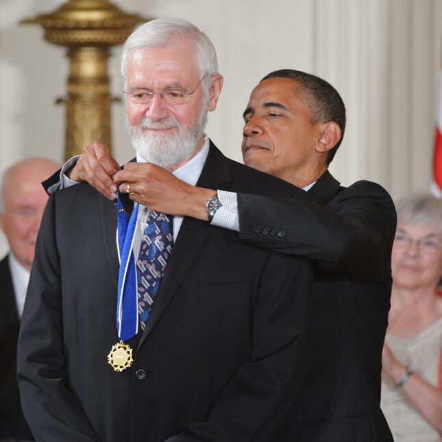 US President Barack Obama presents the Presidential Medal of Freedom to physician and epidemiologist William Foege during a ceremony on May 29, 2012 in the East Room of the White House in Washington